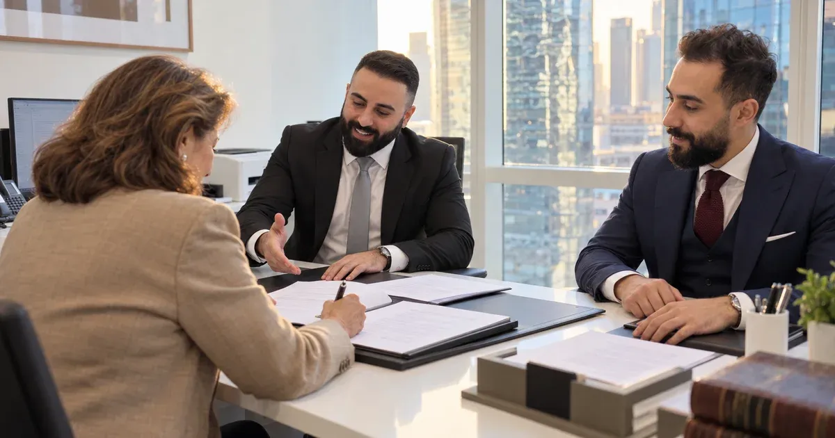 Over-the-shoulder view of a Latin American client signing the final pages of her will as SRAG advisers witness each signature in the SRAG Dubai office — DIFC Wills Registration - Dubai.