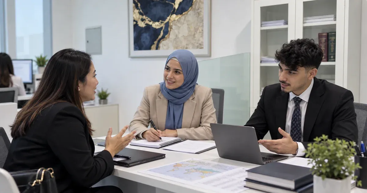 SRAG advisers listing a client's properties and accounts on an inventory notepad in the SRAG Abu Dhabi office — Expat Estate Planning Consultancy - Abu Dhabi.