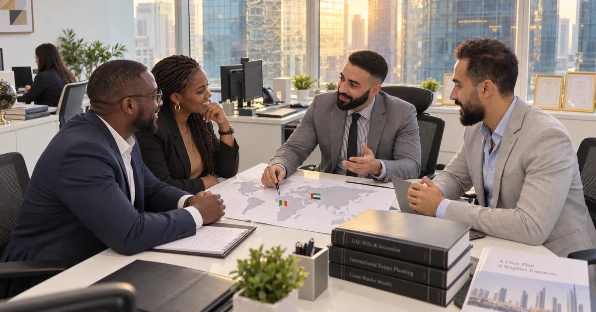 SRAG advisers mapping a couple's assets across a world-map worksheet at golden hour in the SRAG Dubai office — Expat Estate Planning Consultancy - Dubai.