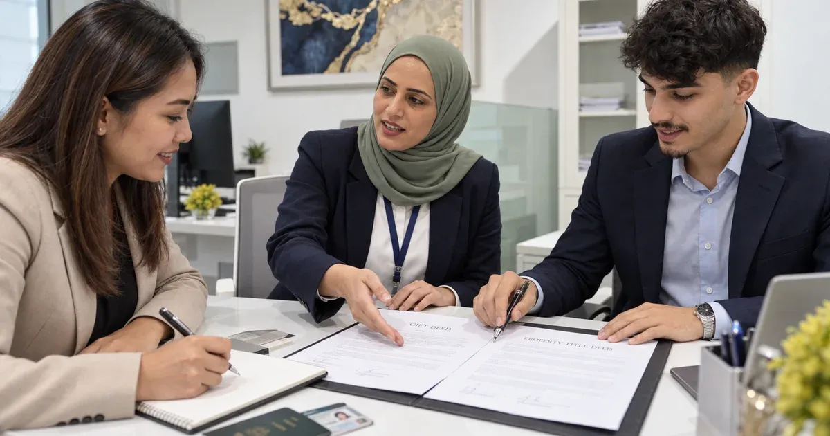 SRAG advisers taking the clients through the next step of the service while they take notes, a single client, a woman in her 30s of Southeast Asian appearance, in the SRAG Dubai office — Gifting.