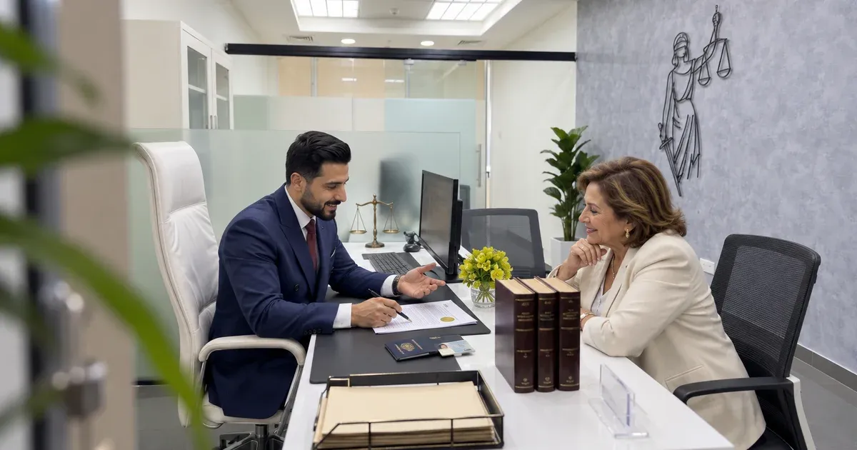 SRAG advisers reviewing the draft will side by side with the clients, the adviser marking final edits, a single client, a woman in her 60s of Latin American appearance, in the SRAG Dubai office — Power of Attorney.