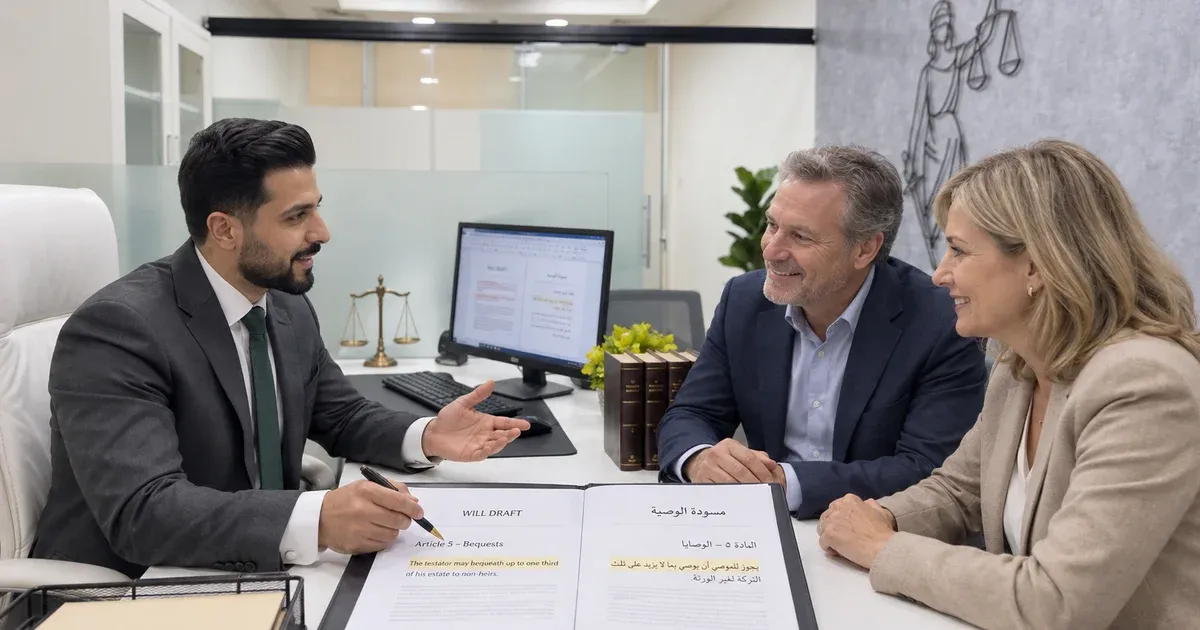 SRAG advisers reading a drafted clause aloud for the clients to approve, tracked changes on screen, a married couple in their 50s, both of European appearance, in the SRAG Dubai office — Will Draft Preparation - Dubai Courts.