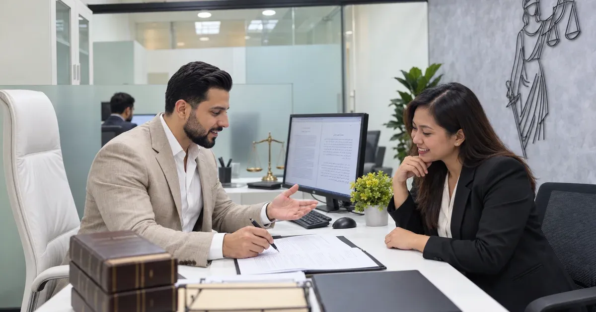 SRAG adviser reviewing a draft will side by side with a young client and marking the final edits in the SRAG Dubai office — Will Draft Preparation - Dubai.